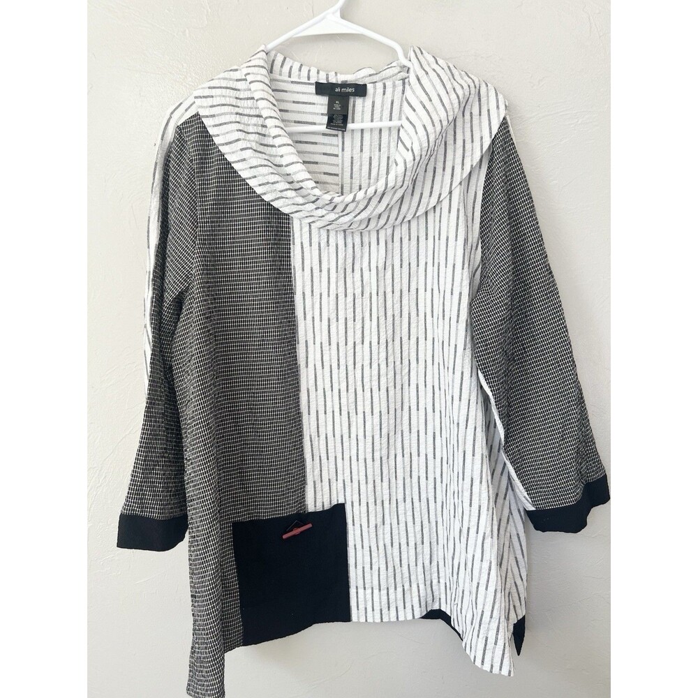 Ali Miles Tunic Top Shirt XL Crinkle Stretch Black  Artsy Lagenlook Abstract